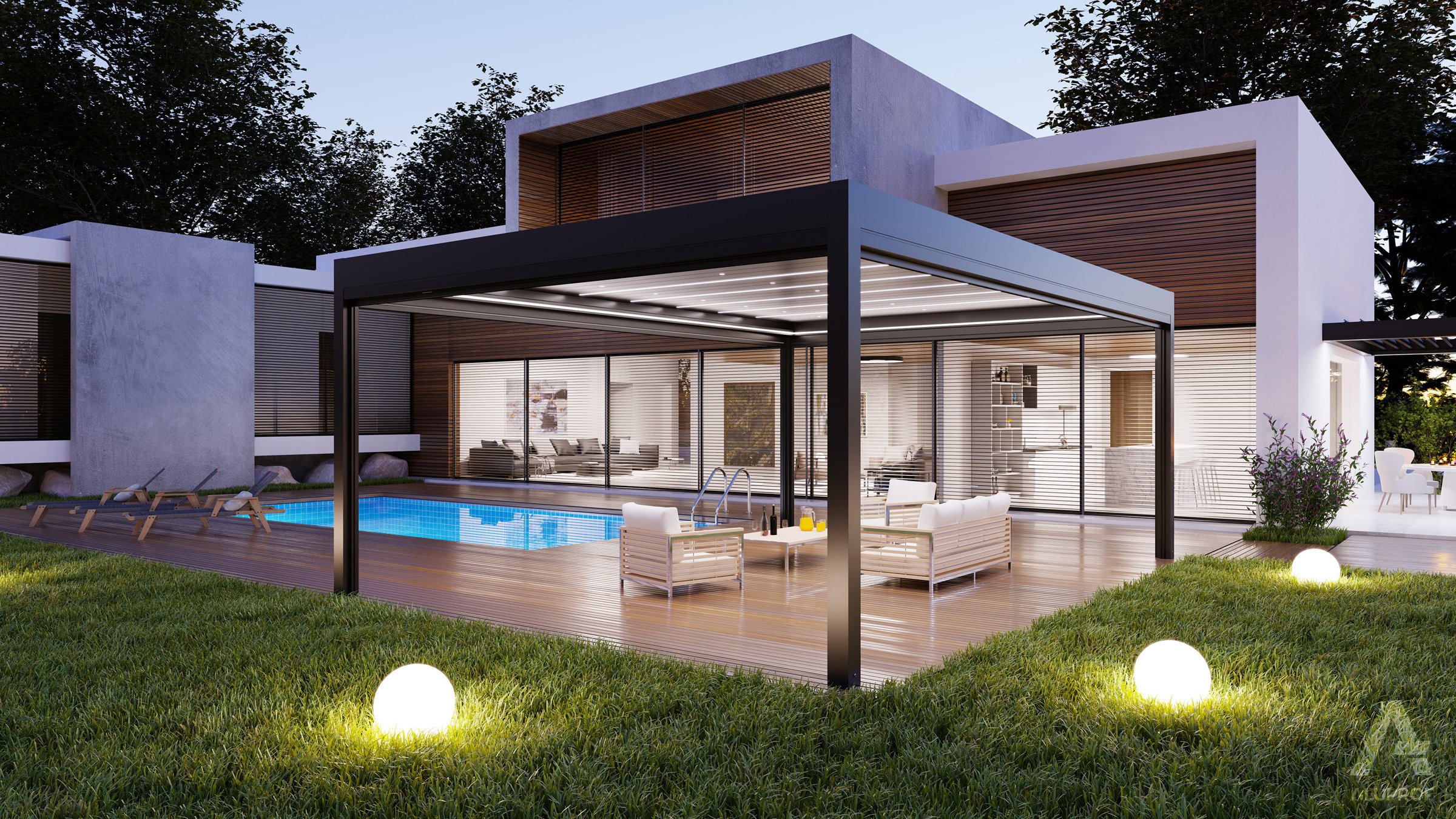 Nowoczesna pergola aluminiowa przy willi z basenem