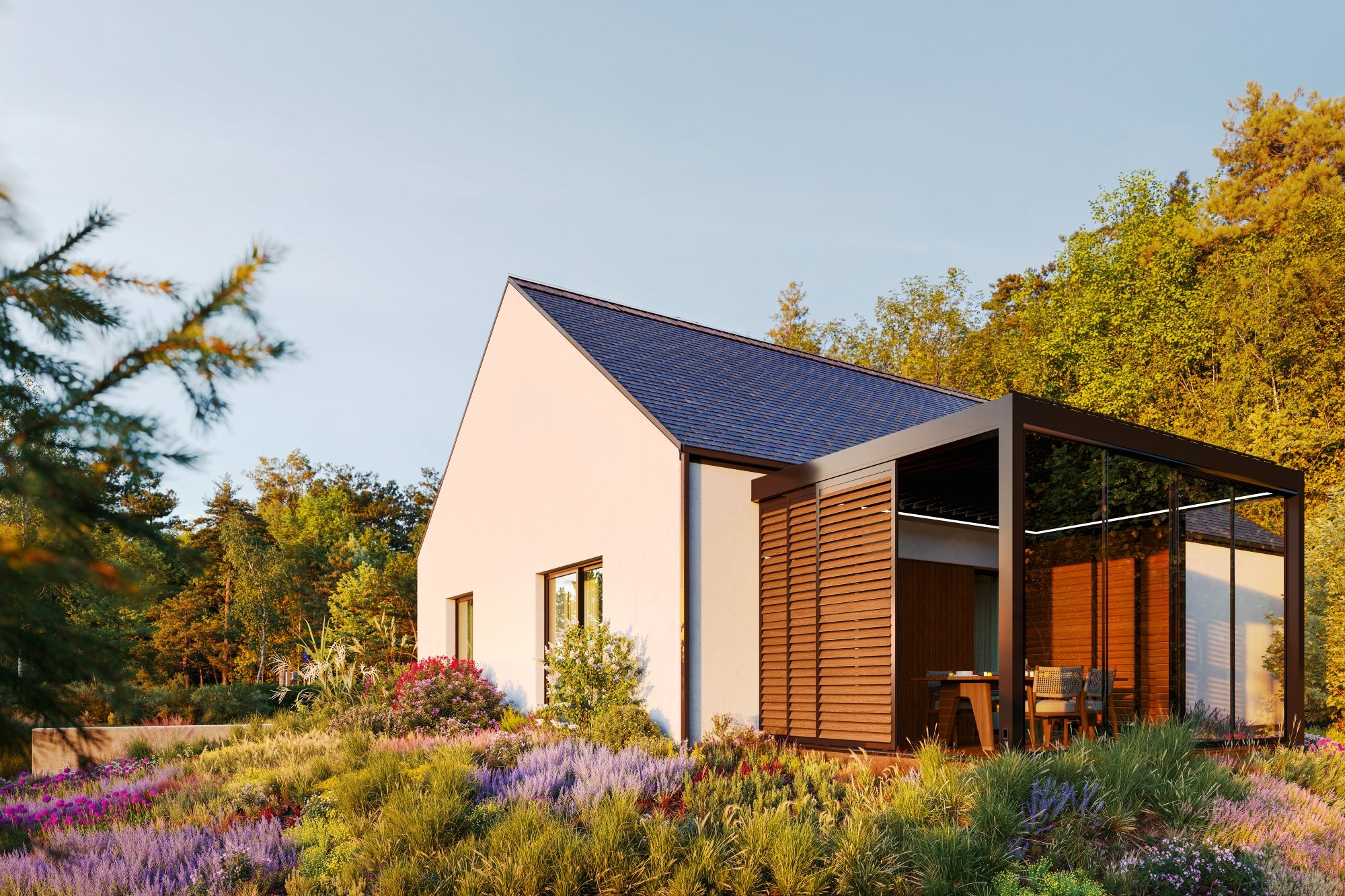 Pergola Aluprof SB 450 z żaluzjami w wykończeniu drewnopodobnym