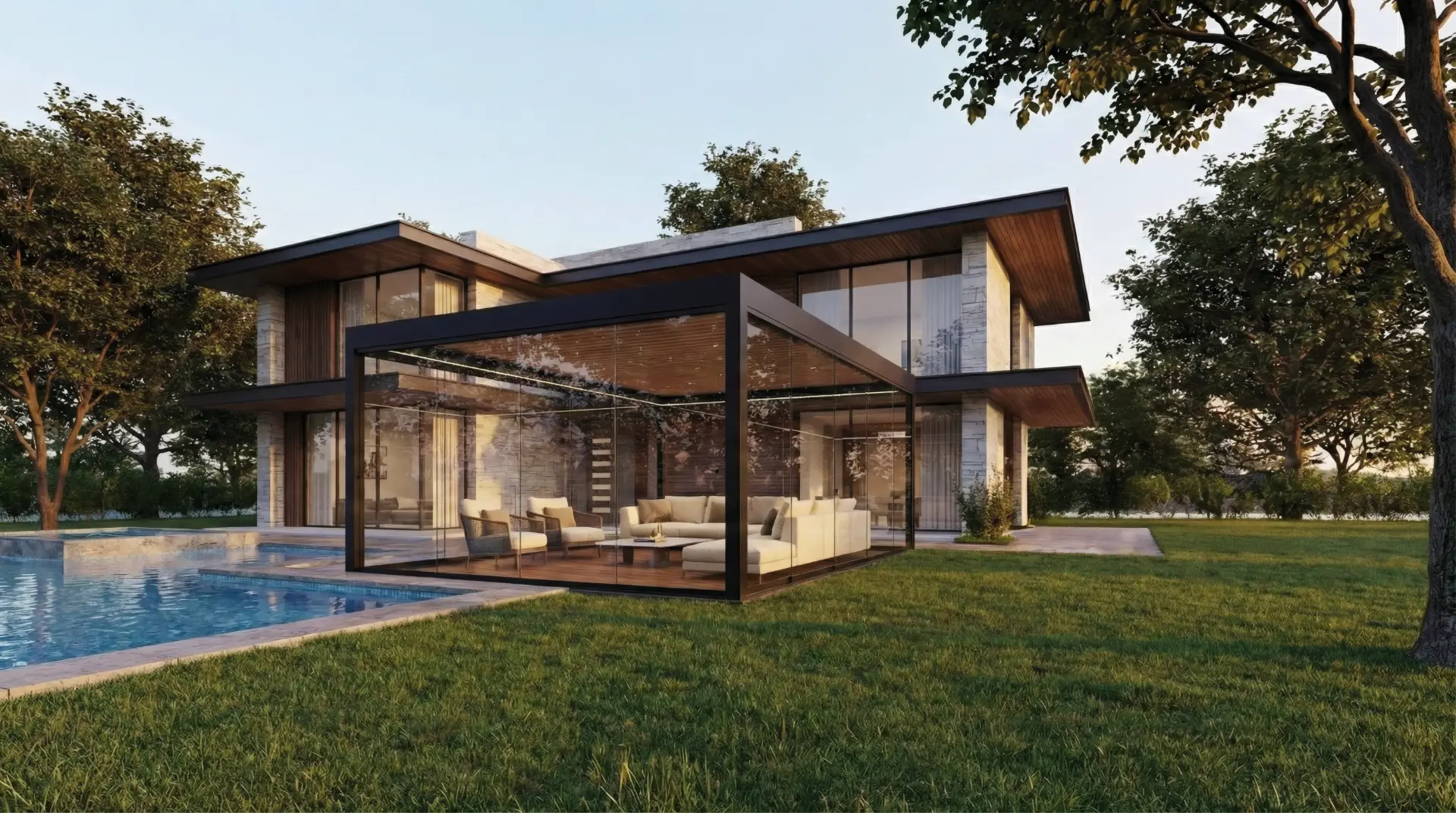 Pergola aluminiowa Vetrio z przeszkleniem Open Slide otwarta na ogród