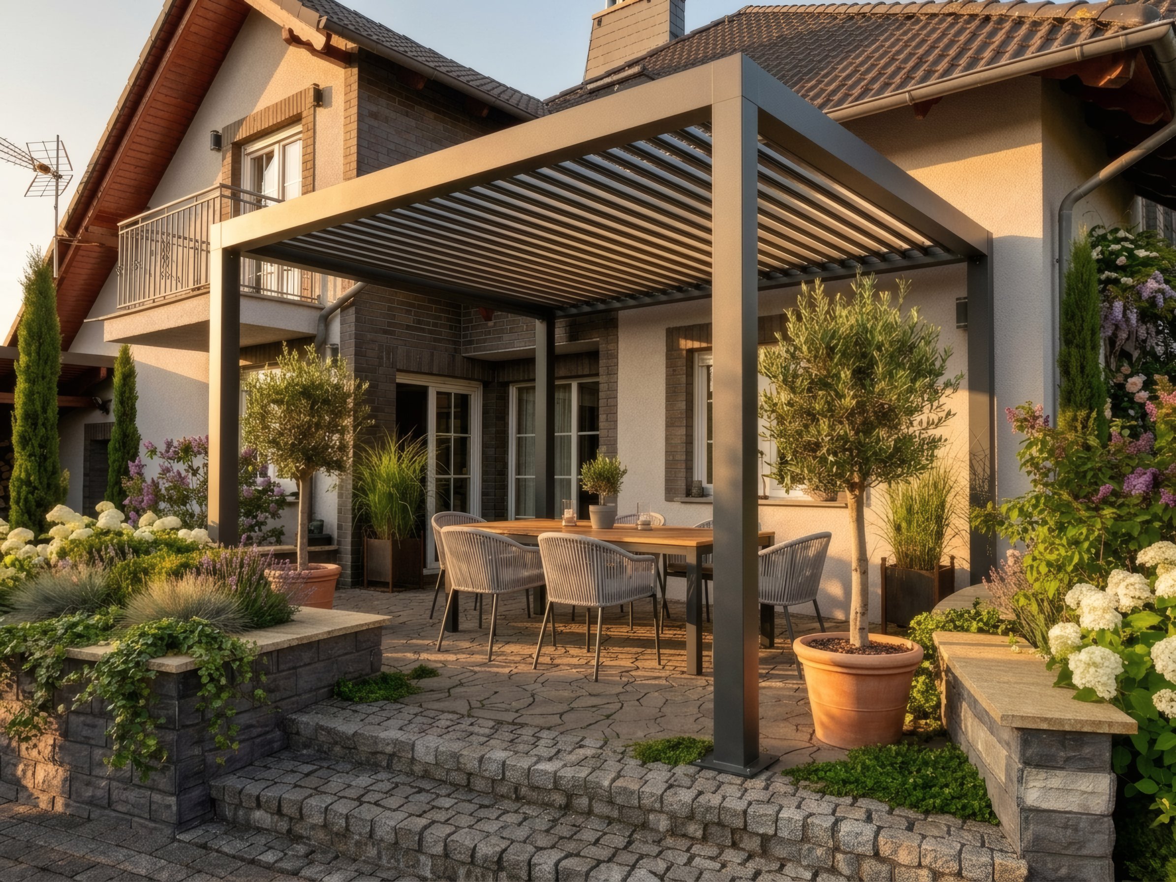 Pergola Aluprof SB 350 na tarasie o zachodzie słońca